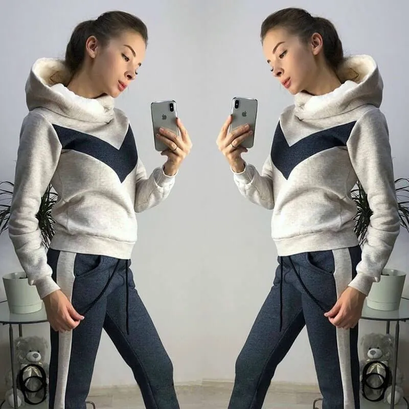 Colorblock Hooded Blouse Long Pants Set