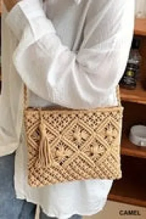 Crochet woven straw crochet bucket shoulder bag