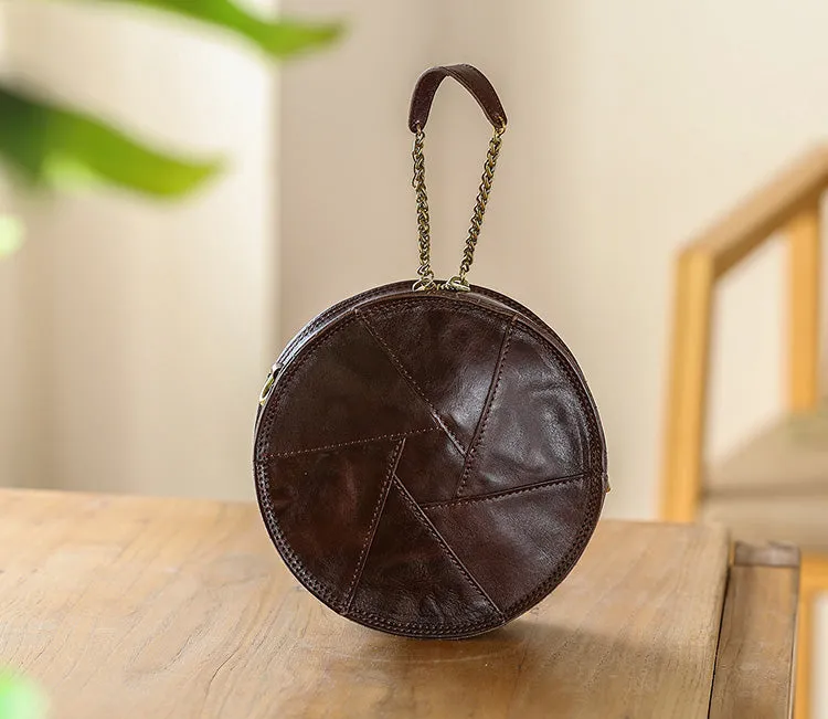 Cute Womens Leather Circle Bag Brown Leather Crossbody Bag With Chain Handle