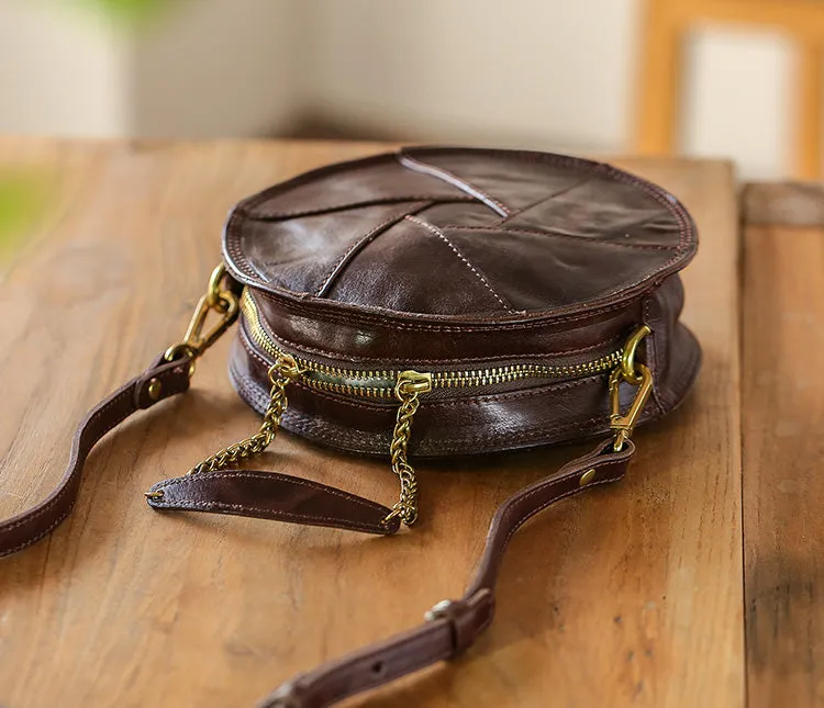 Cute Womens Leather Circle Bag Brown Leather Crossbody Bag With Chain Handle