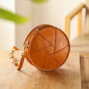 Cute Womens Leather Circle Bag Brown Leather Crossbody Bag With Chain Handle