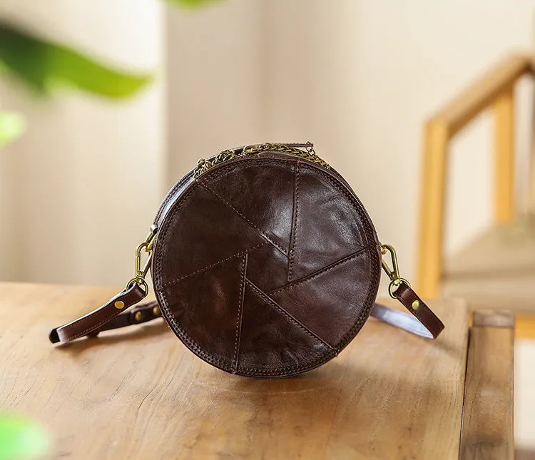 Cute Womens Leather Circle Bag Brown Leather Crossbody Bag With Chain Handle