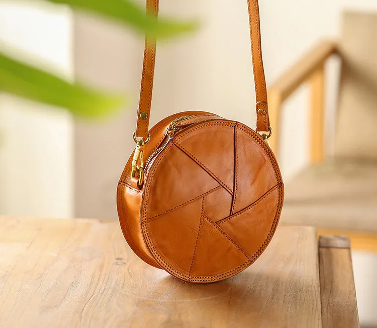 Cute Womens Leather Circle Bag Brown Leather Crossbody Bag With Chain Handle