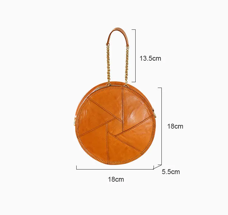 Cute Womens Leather Circle Bag Brown Leather Crossbody Bag With Chain Handle