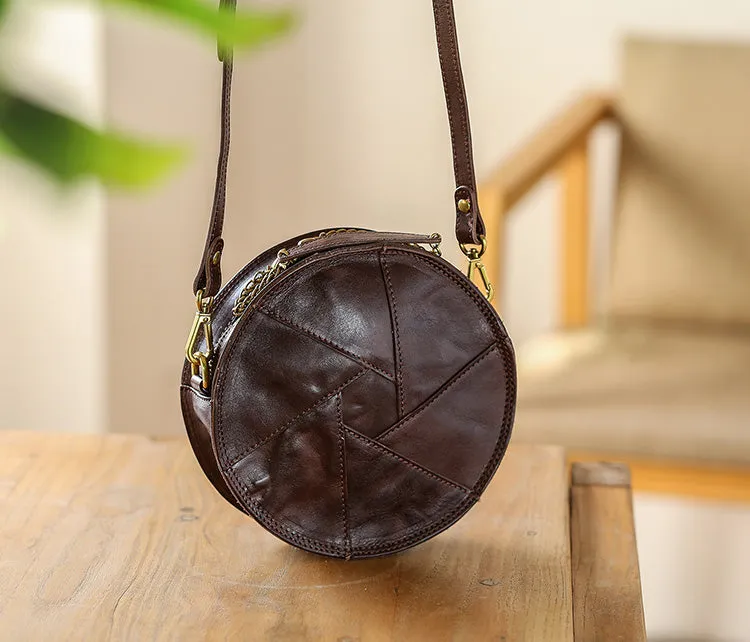 Cute Womens Leather Circle Bag Brown Leather Crossbody Bag With Chain Handle