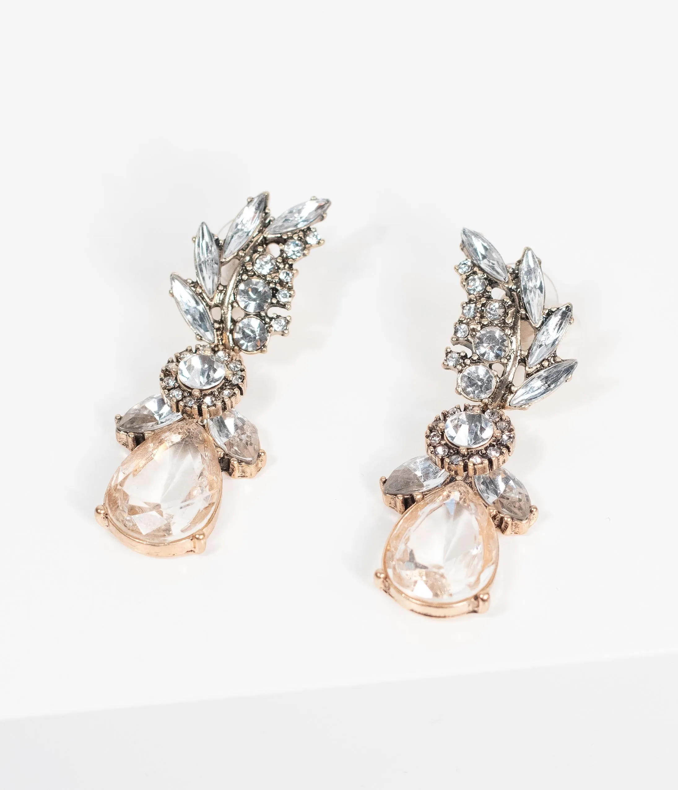 Deco Style Silver Rhinestone & Gem Leaf Drop Earrings