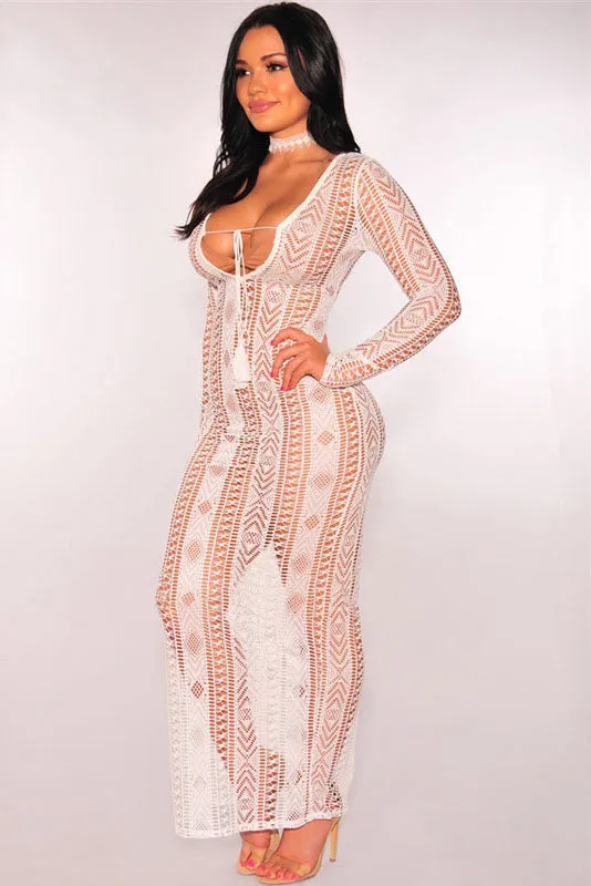 Deep V-neck Long Sleeves Transparent Long Hollow Out Dress