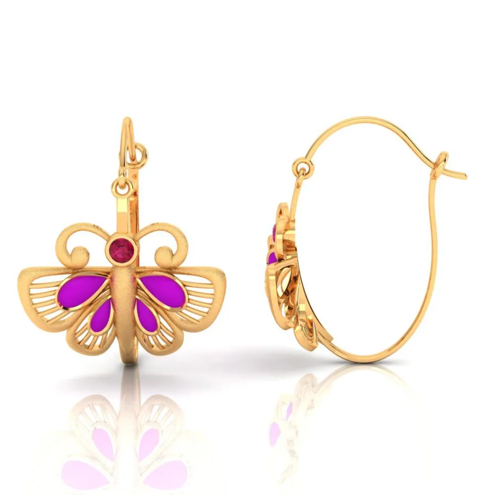 Elegant Butterfly-shaped Earrings Made Of 22k Gold Set With Purple And Red Stones