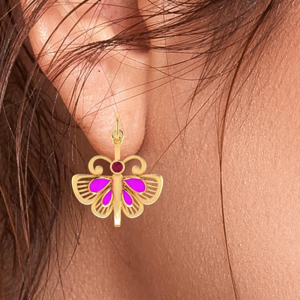 Elegant Butterfly-shaped Earrings Made Of 22k Gold Set With Purple And Red Stones