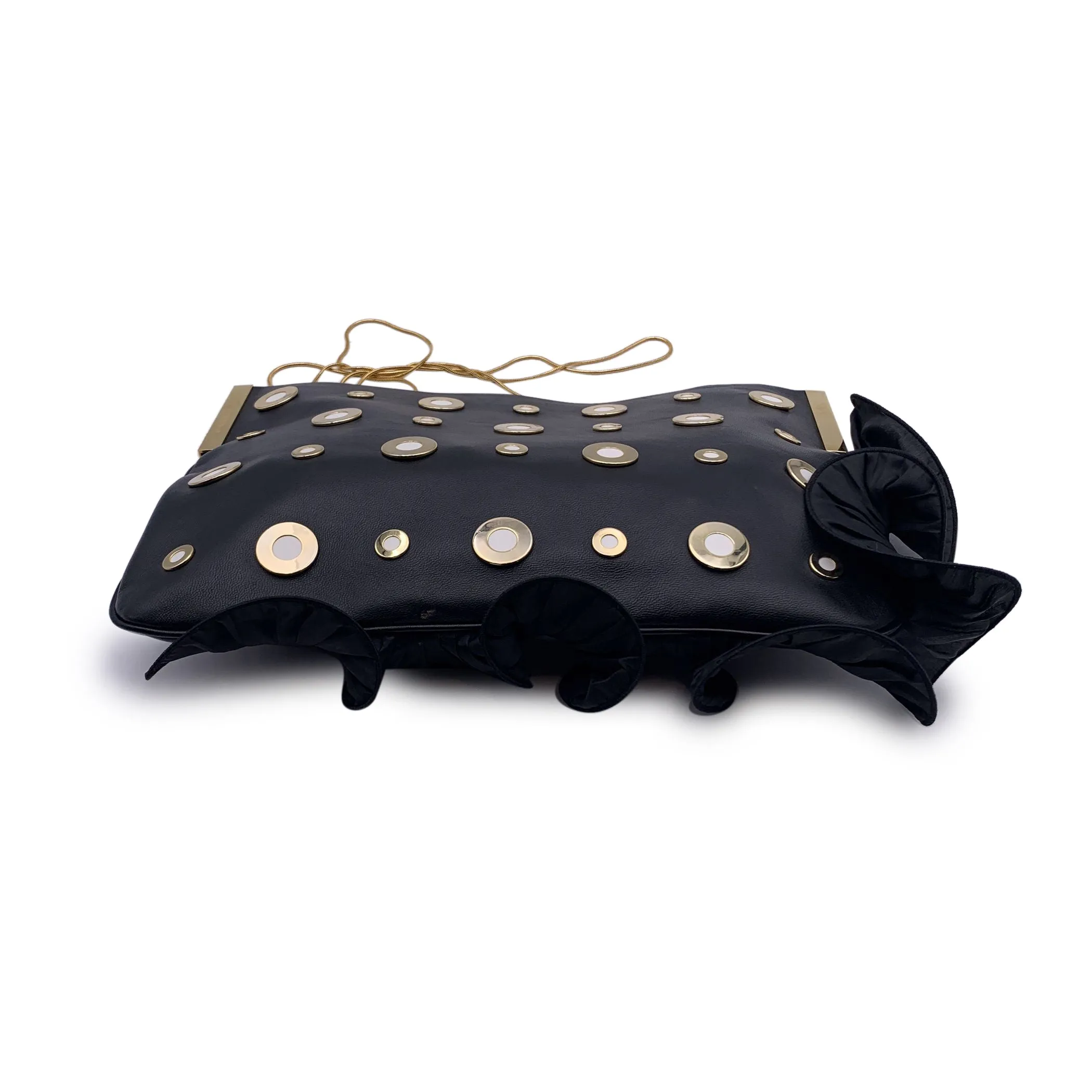 Emanuel Ungaro Black Leather Studded Ruffle Clutch Shoulder Bag