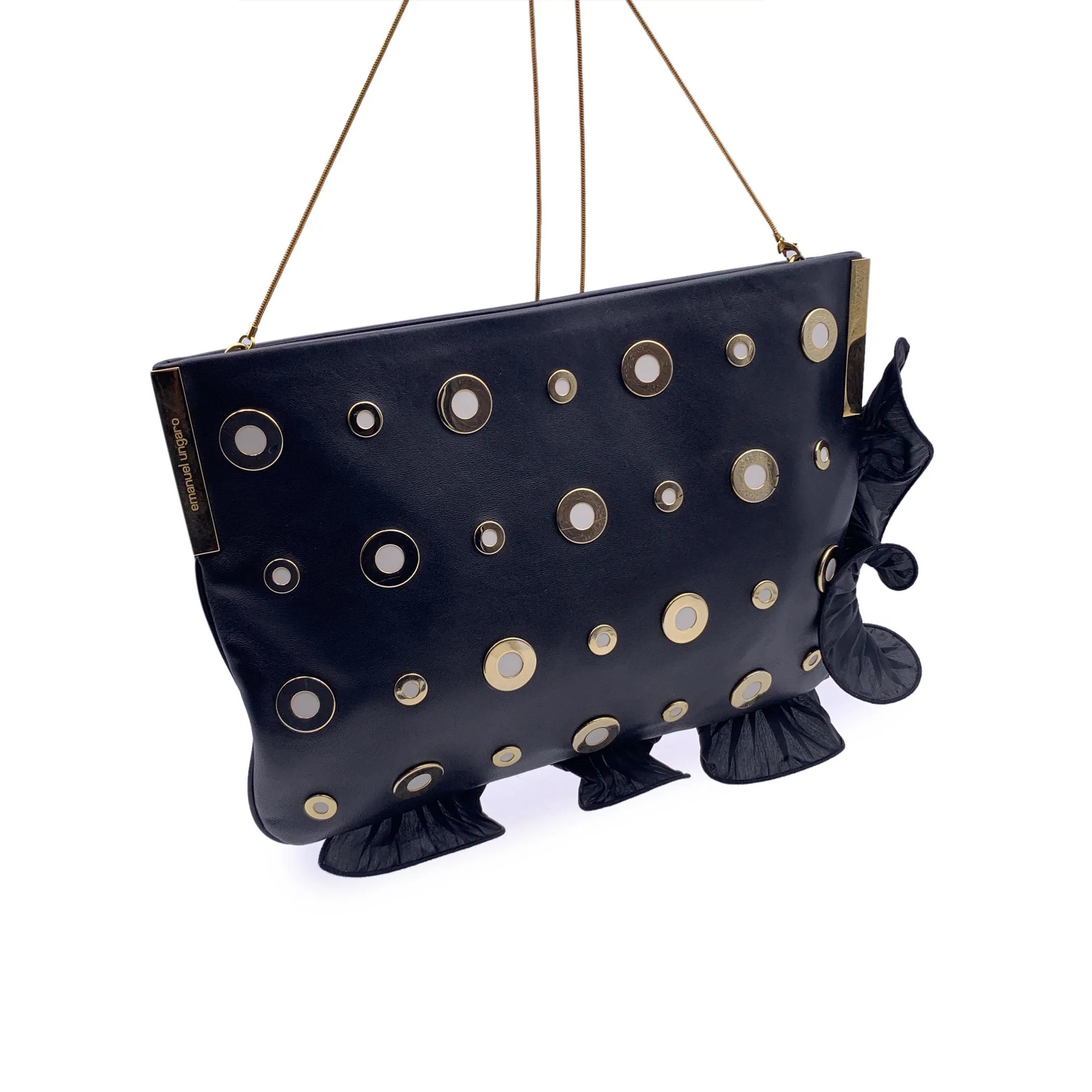 Emanuel Ungaro Black Leather Studded Ruffle Clutch Shoulder Bag