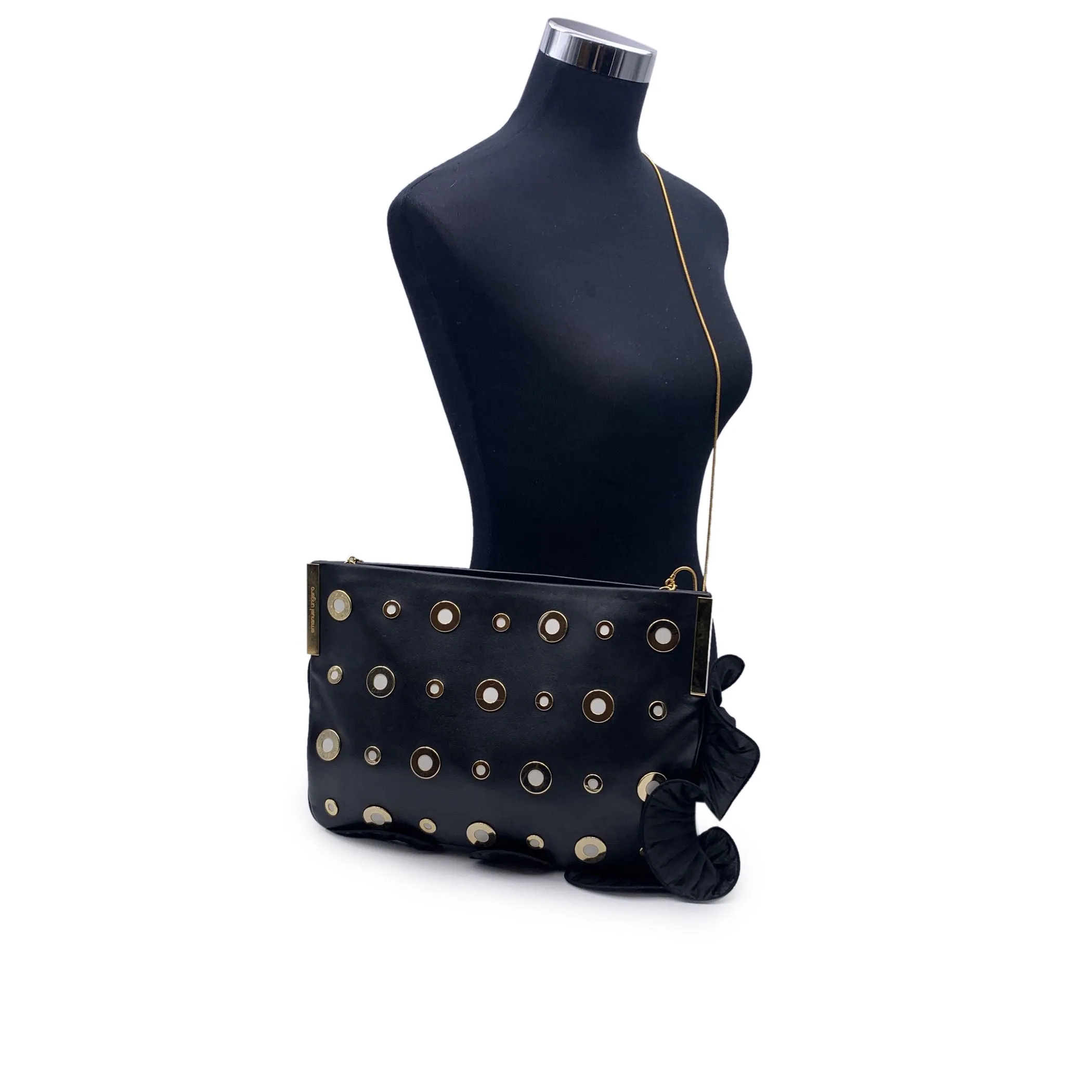 Emanuel Ungaro Black Leather Studded Ruffle Clutch Shoulder Bag