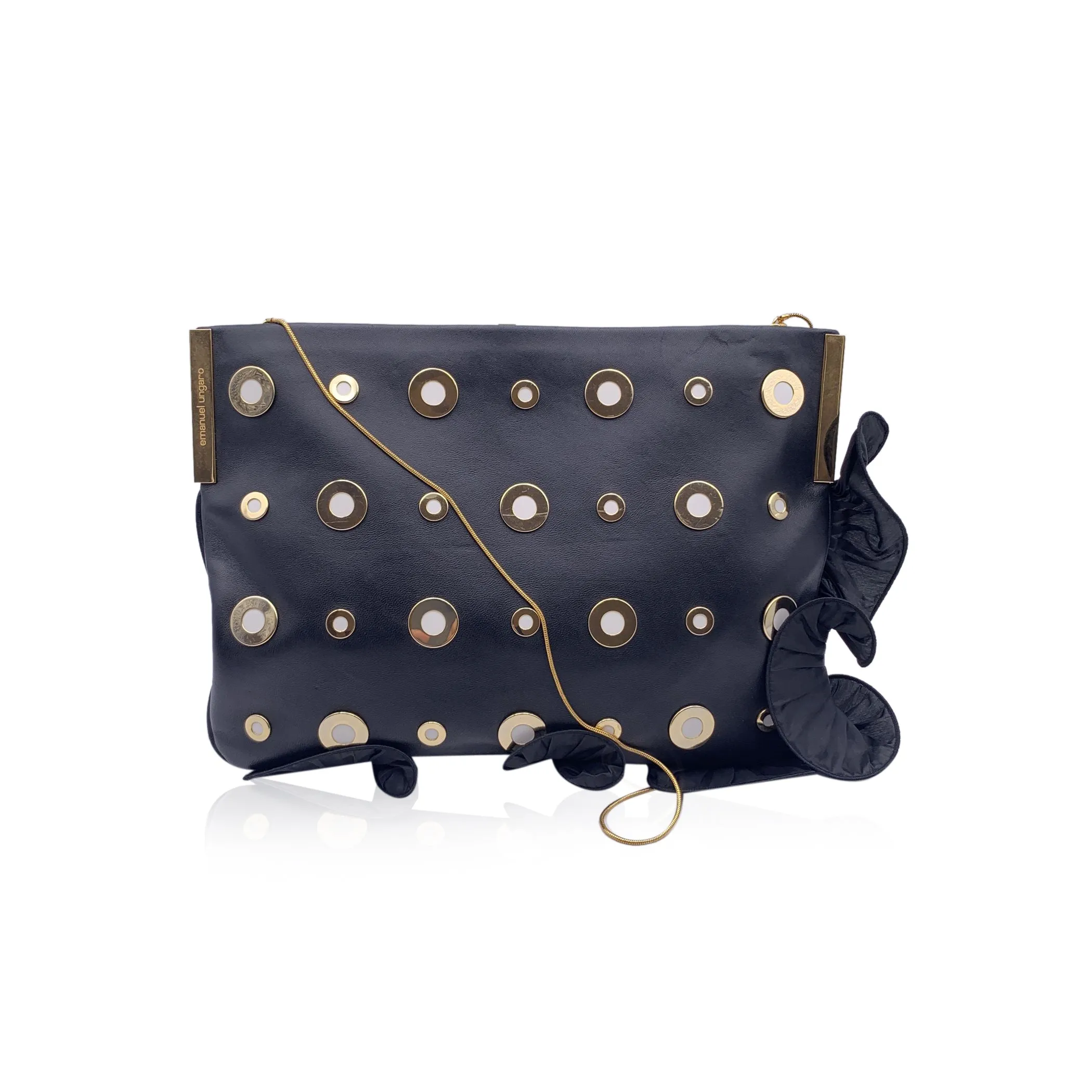 Emanuel Ungaro Black Leather Studded Ruffle Clutch Shoulder Bag