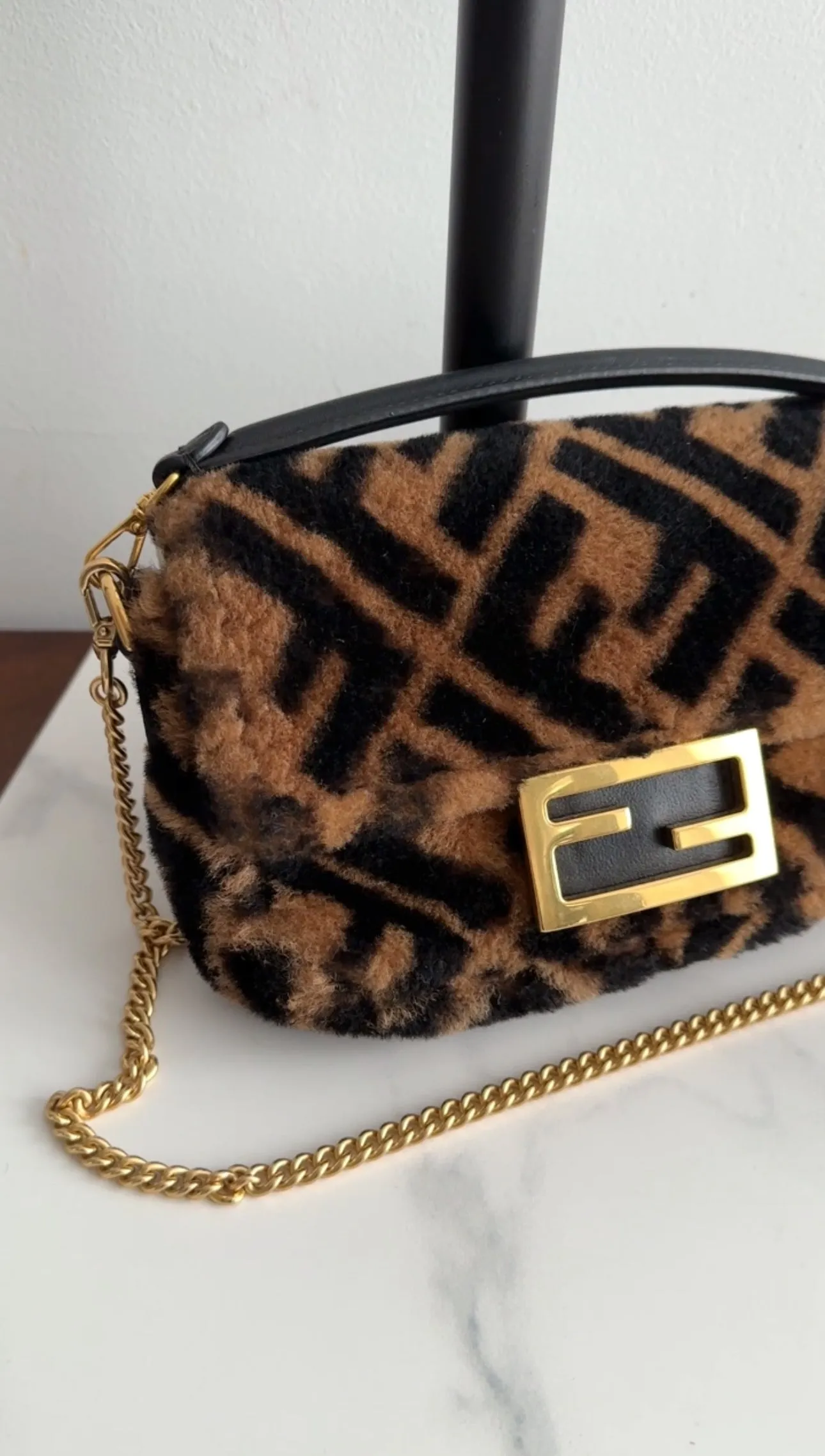 Fendi 1974 Mini Brown Sheepskin Shearling Baguette Bag