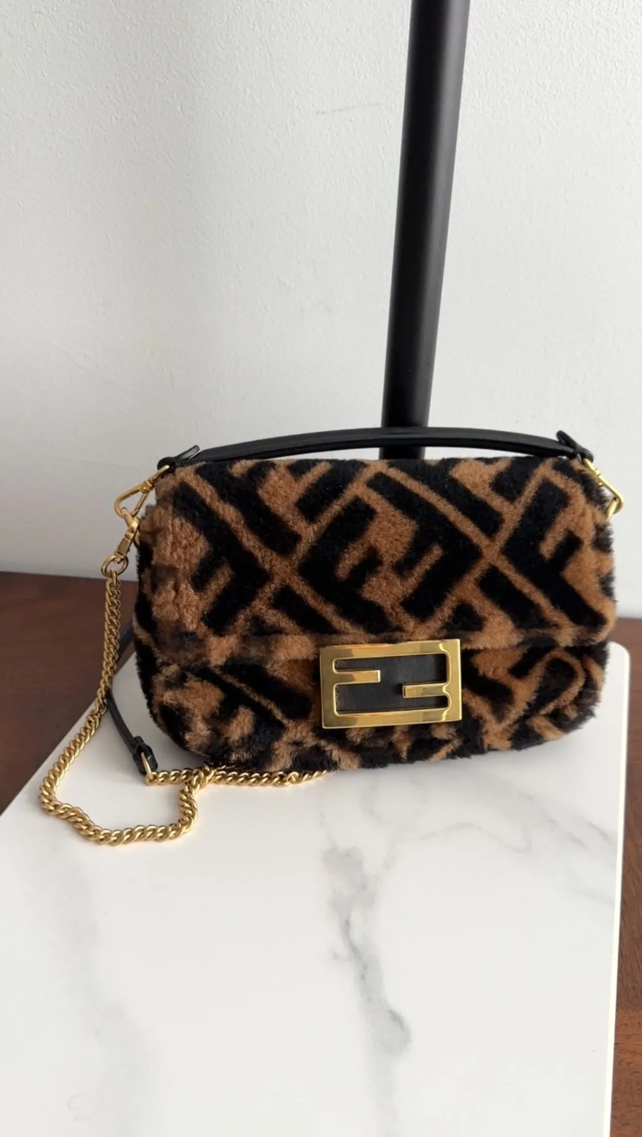 Fendi 1974 Mini Brown Sheepskin Shearling Baguette Bag