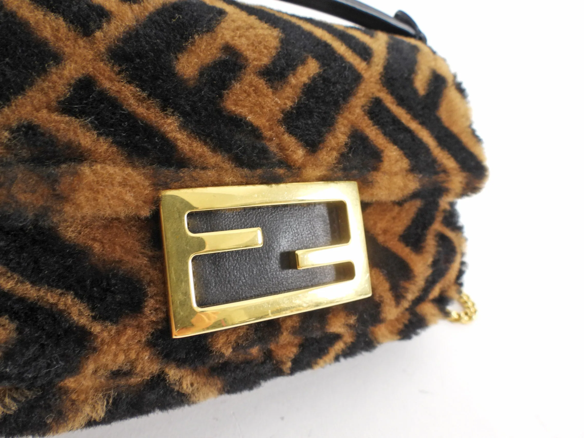 Fendi 1974 Mini Brown Sheepskin Shearling Baguette Bag