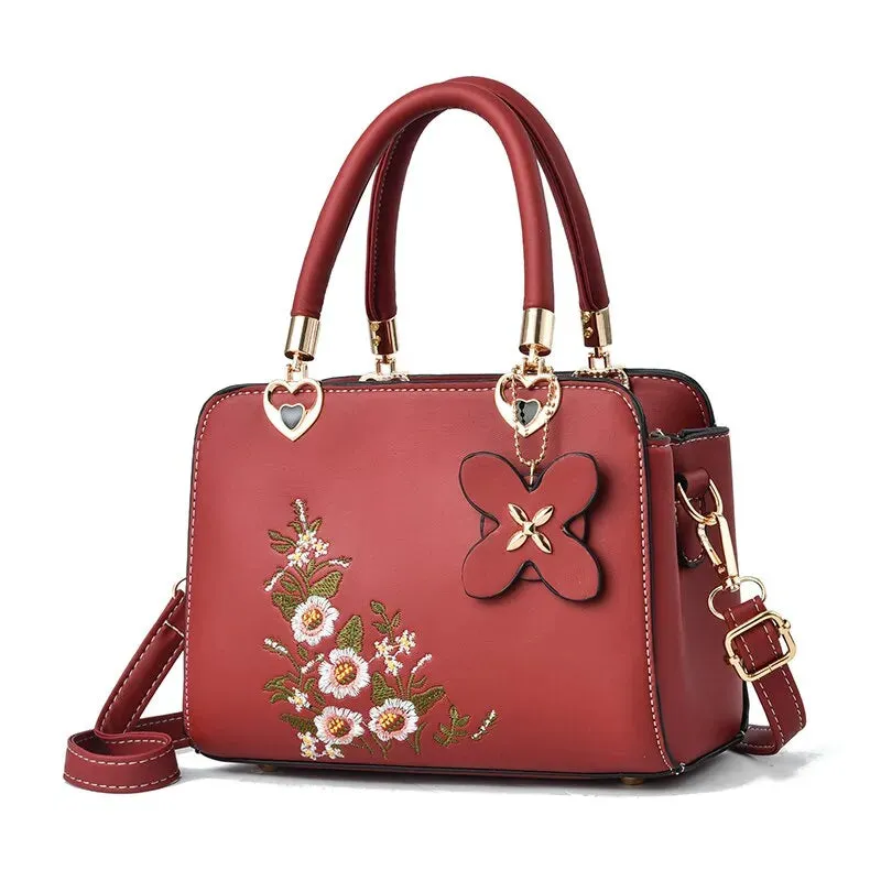 Floral Embroidered Elegance Handbag with Butterfly Charm