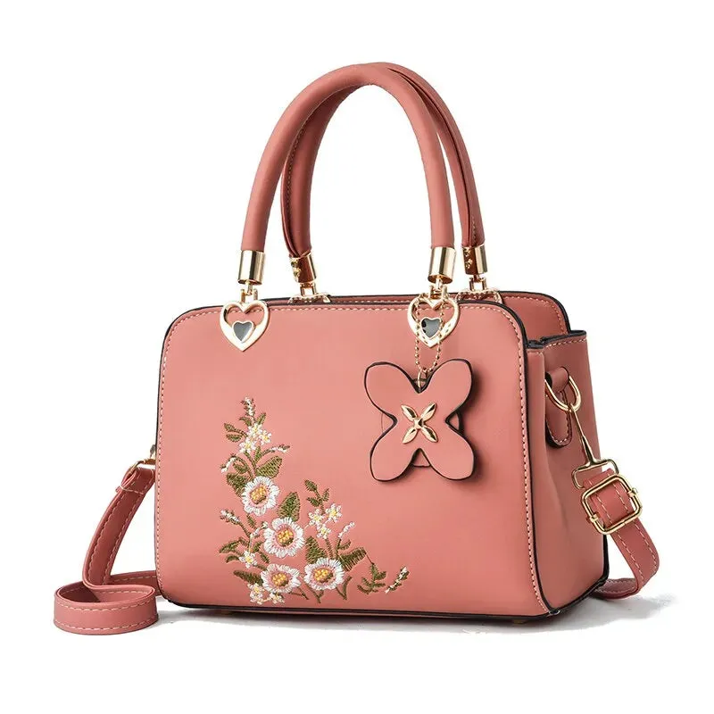 Floral Embroidered Elegance Handbag with Butterfly Charm