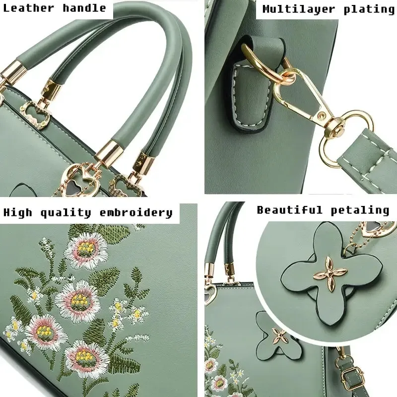 Floral Embroidered Elegance Handbag with Butterfly Charm