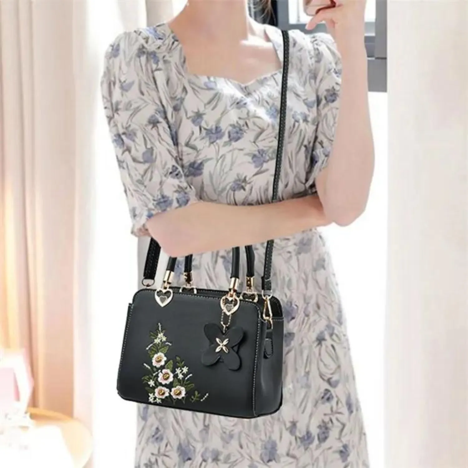 Floral Embroidered Elegance Handbag with Butterfly Charm