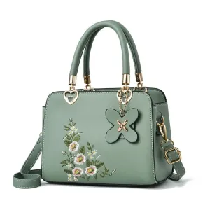 Floral Embroidered Elegance Handbag with Butterfly Charm