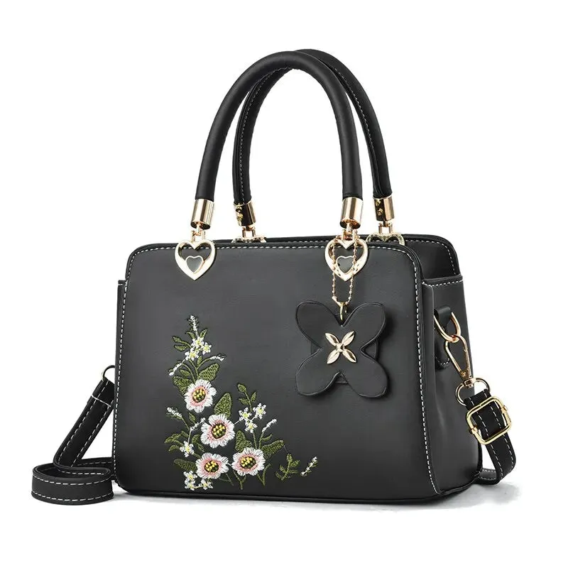 Floral Embroidered Elegance Handbag with Butterfly Charm