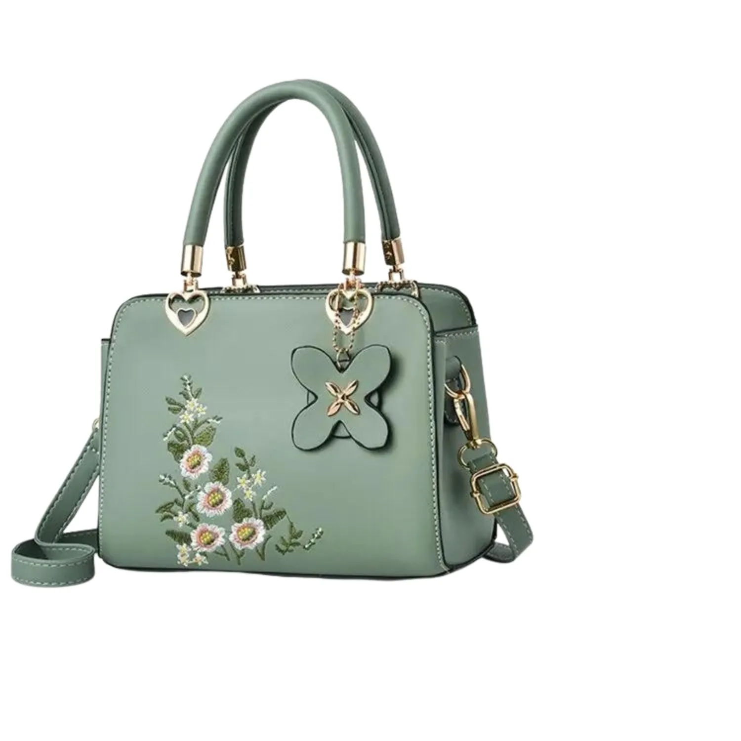 Floral Embroidered Elegance Handbag with Butterfly Charm