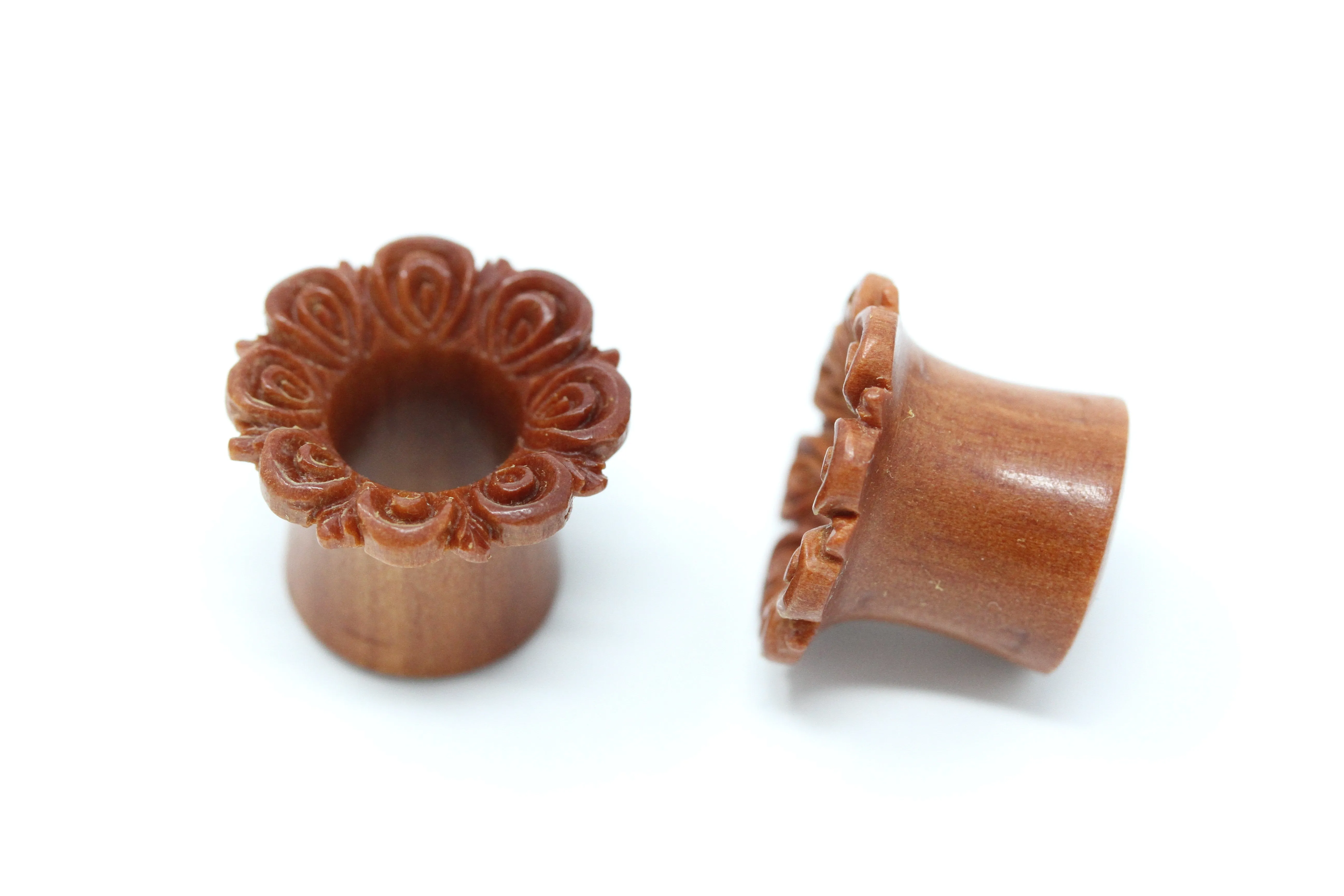 Floret Wood Tunnel Plugs - Carved Wood Tunnels (Pair) - PA90