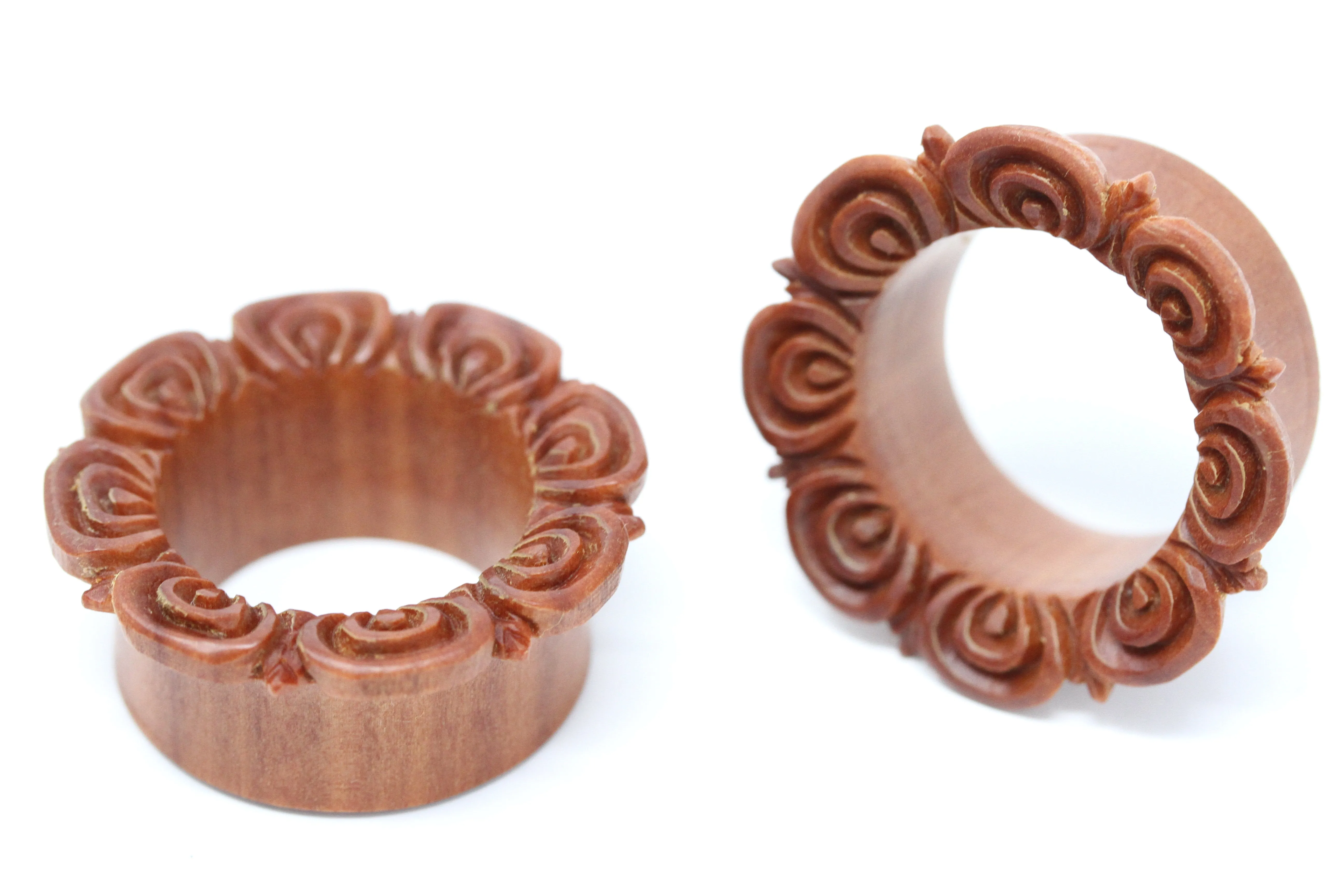 Floret Wood Tunnel Plugs - Carved Wood Tunnels (Pair) - PA90