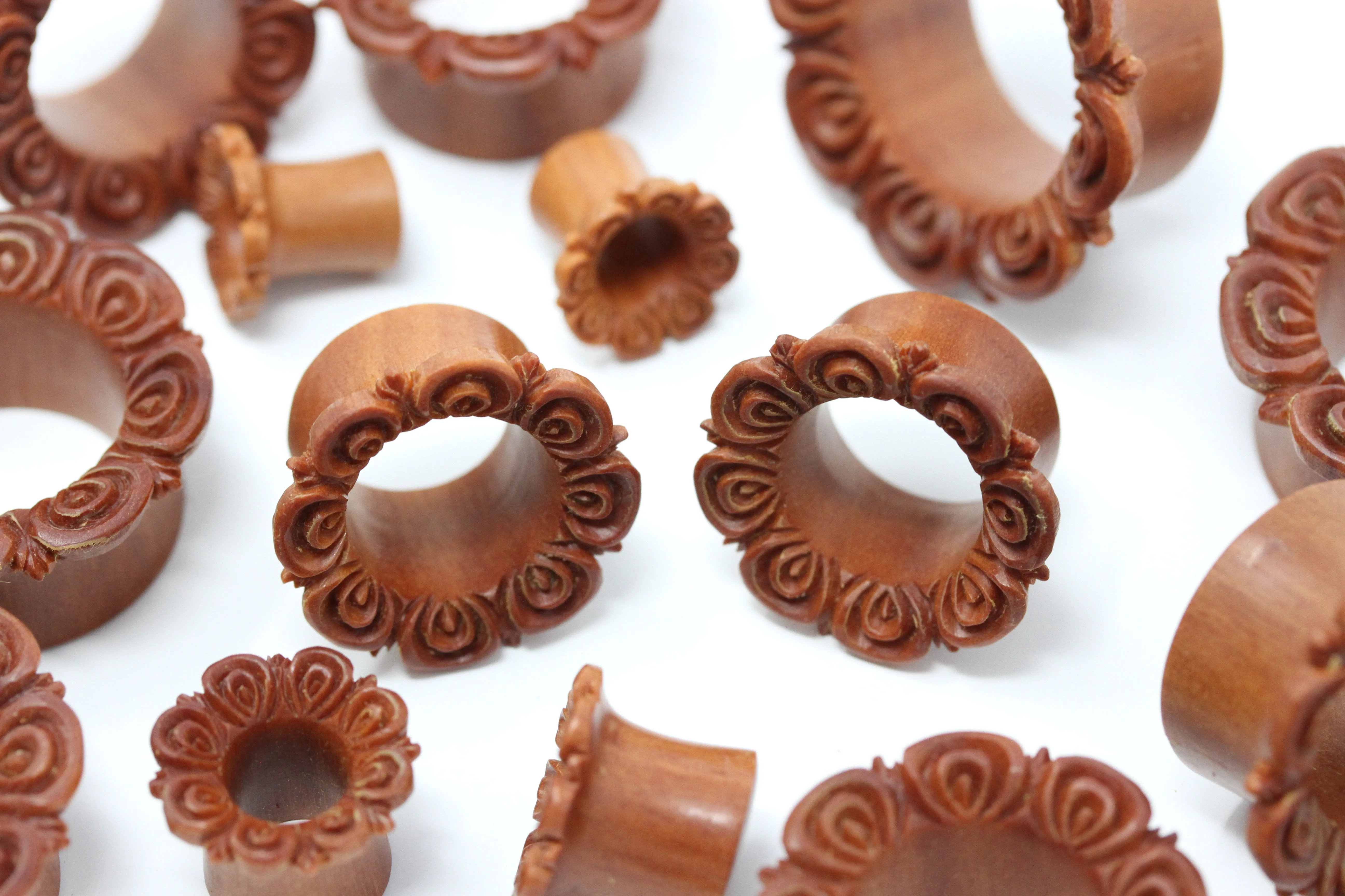 Floret Wood Tunnel Plugs - Carved Wood Tunnels (Pair) - PA90