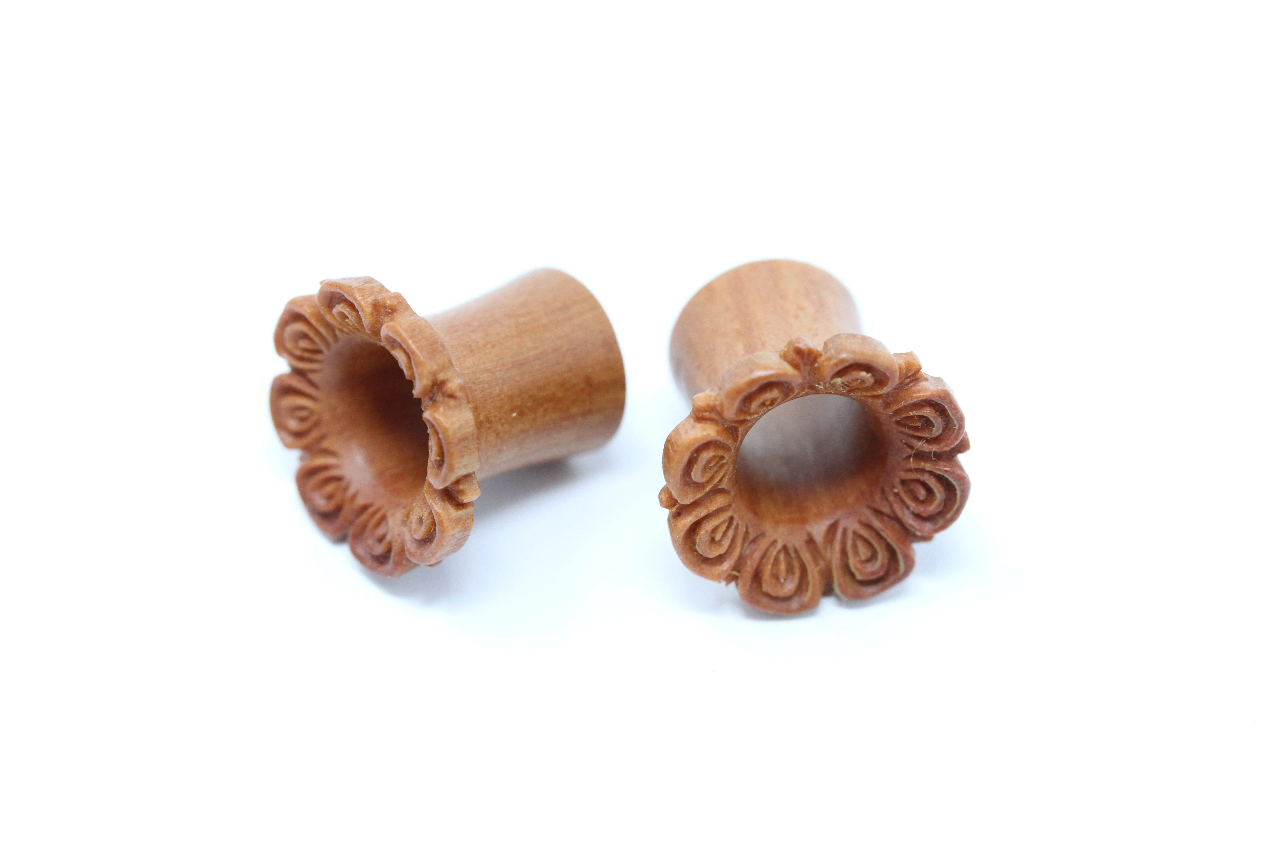 Floret Wood Tunnel Plugs - Carved Wood Tunnels (Pair) - PA90