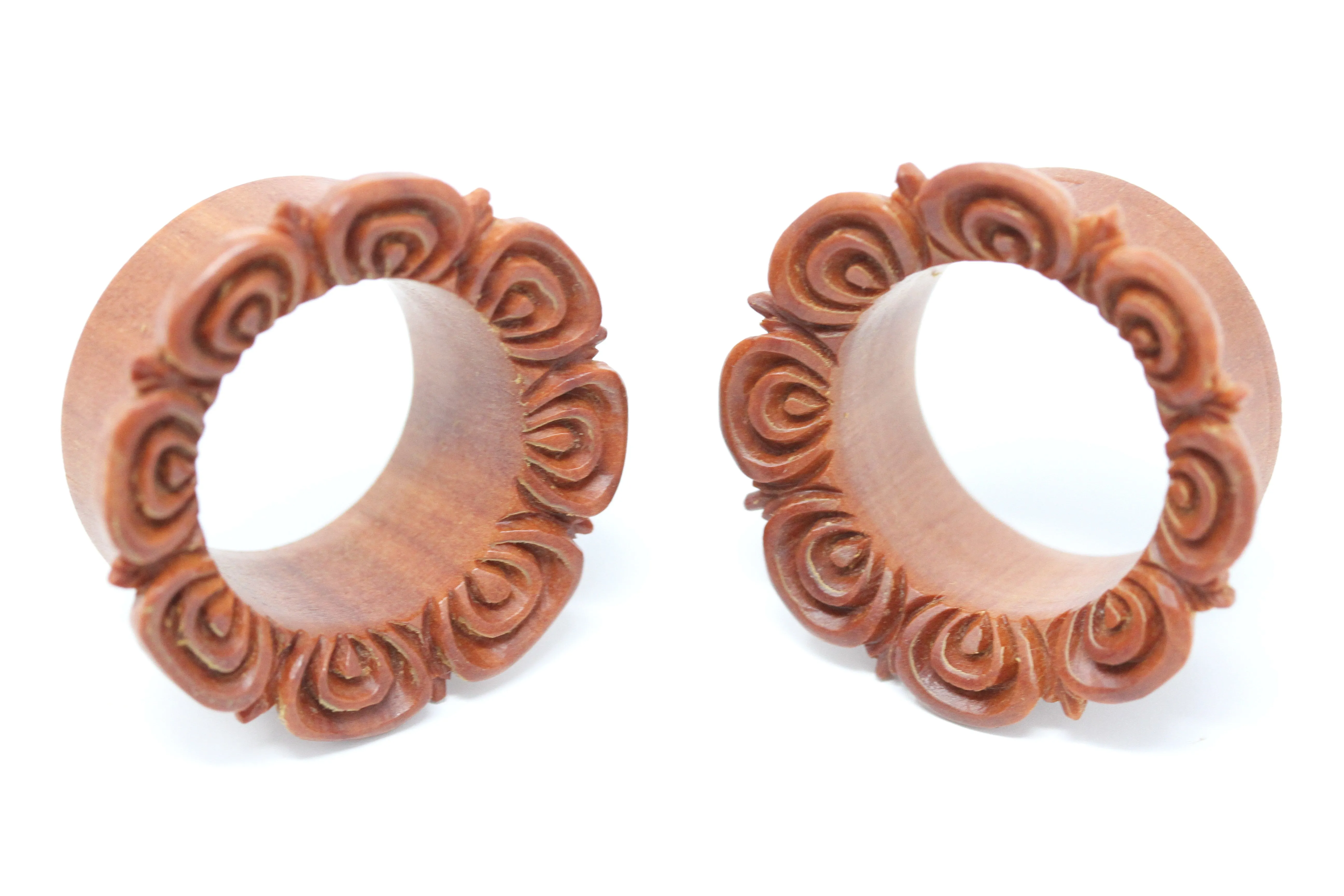 Floret Wood Tunnel Plugs - Carved Wood Tunnels (Pair) - PA90