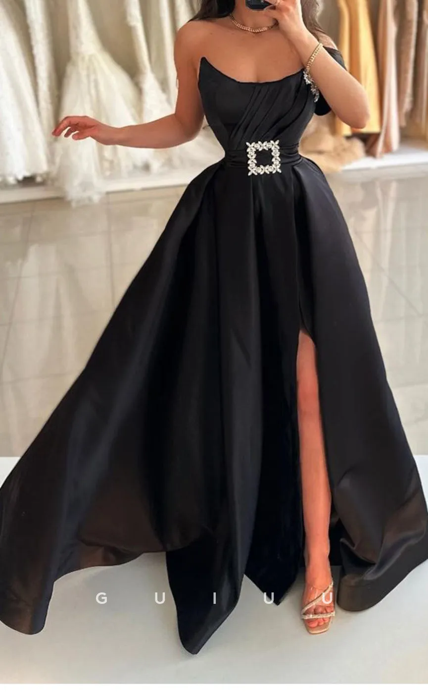 G3379 - Elegant & Luxurious A-Line One Shoulder Beaded Slit Evening Party Prom Dress