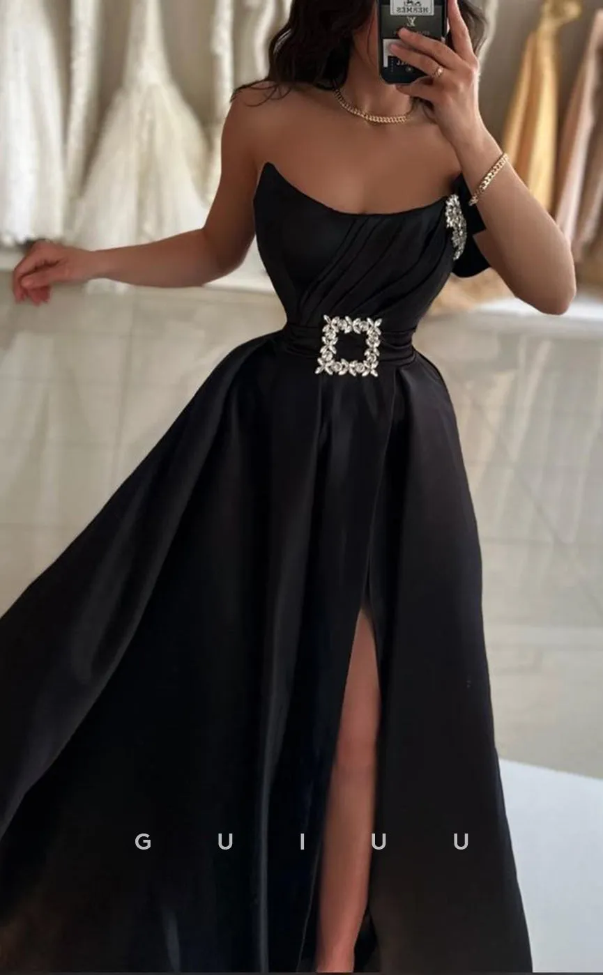 G3379 - Elegant & Luxurious A-Line One Shoulder Beaded Slit Evening Party Prom Dress