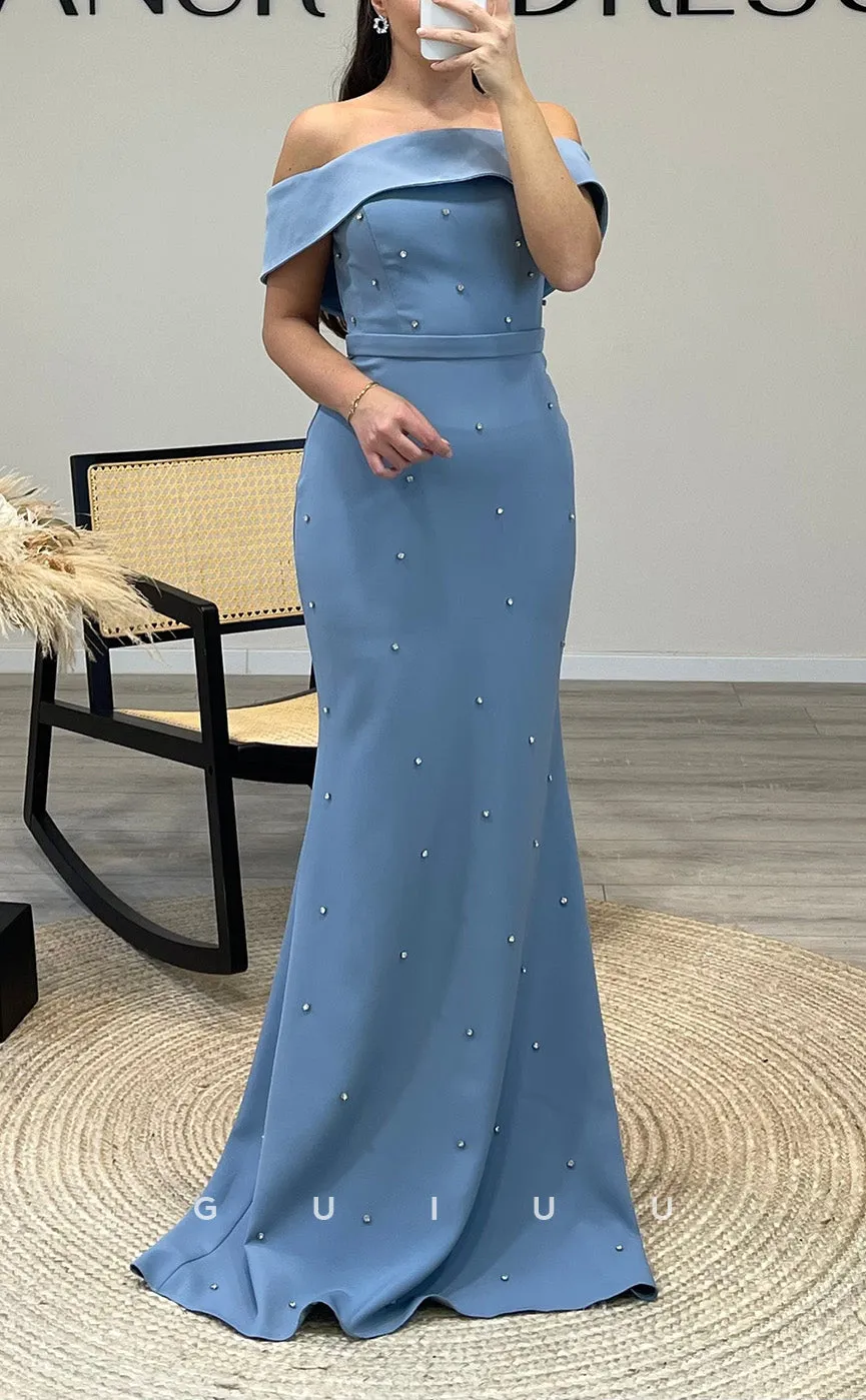 G3511 - Sexy & Hot Sheath Off Shoulder Beaded Sash Floor-Length Evening Party Gown Prom Dress