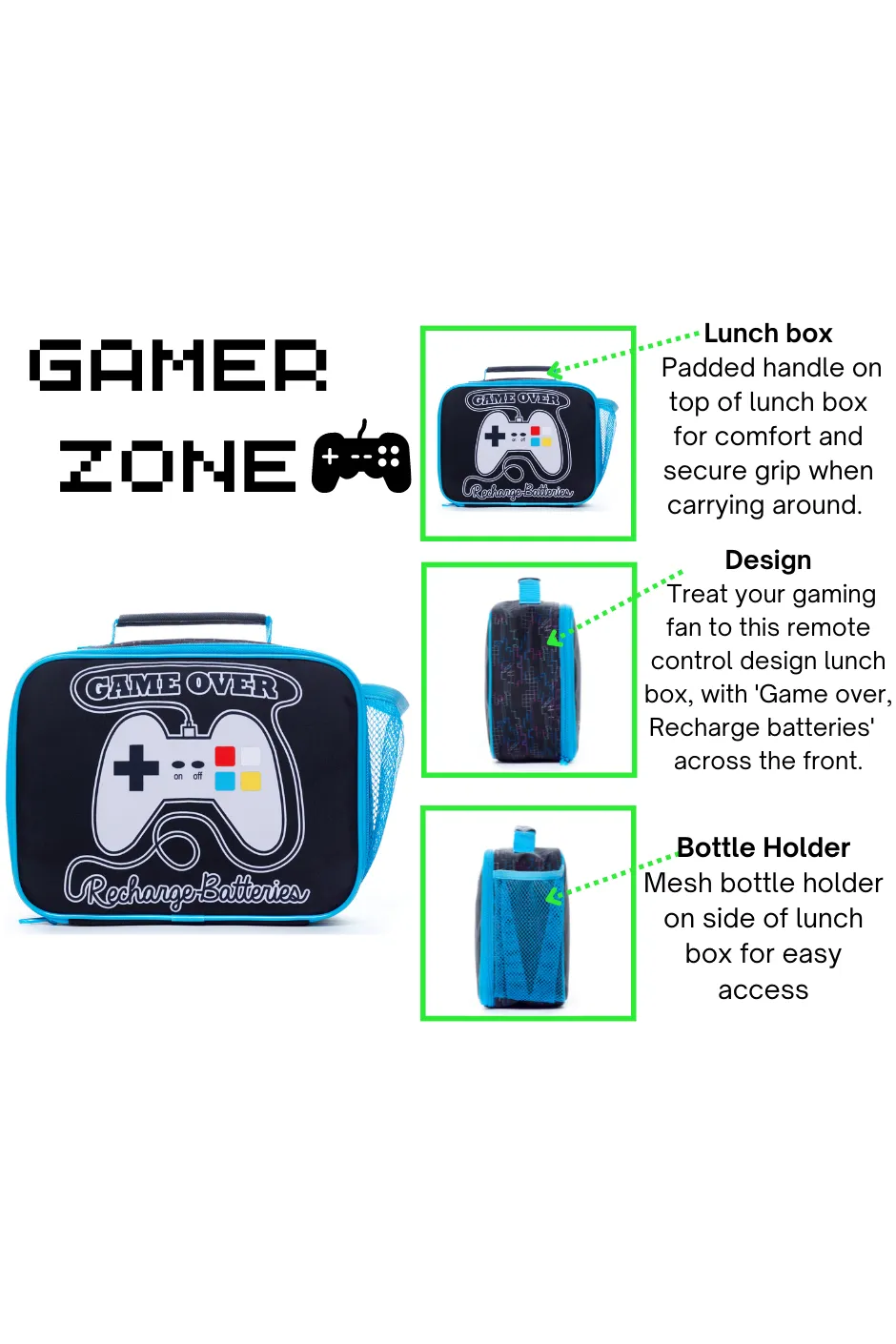 Game Over Recharge School Bag And Lunch bag 2 Piece, Kids Boys Gamer Backpack