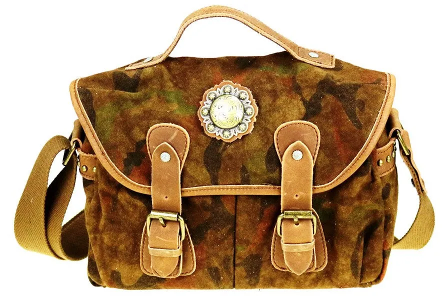 Genuine Leather Washed Canvas Shoulder/Crossbody Travel Bag - Camo