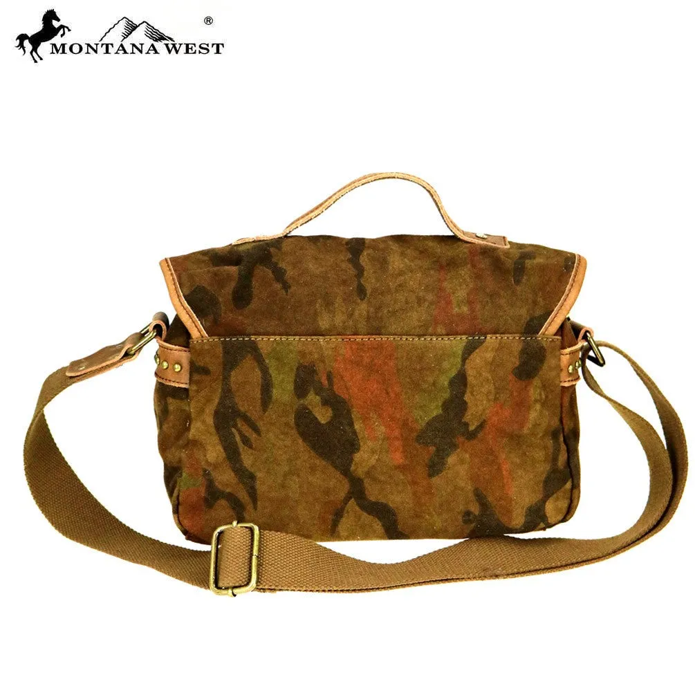 Genuine Leather Washed Canvas Shoulder/Crossbody Travel Bag - Camo