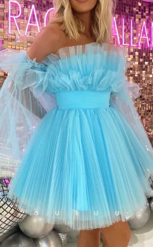 GH803 - Off-Shoulder Tulle Ball Gown Homecoming Party Dress With Puff Sleeves