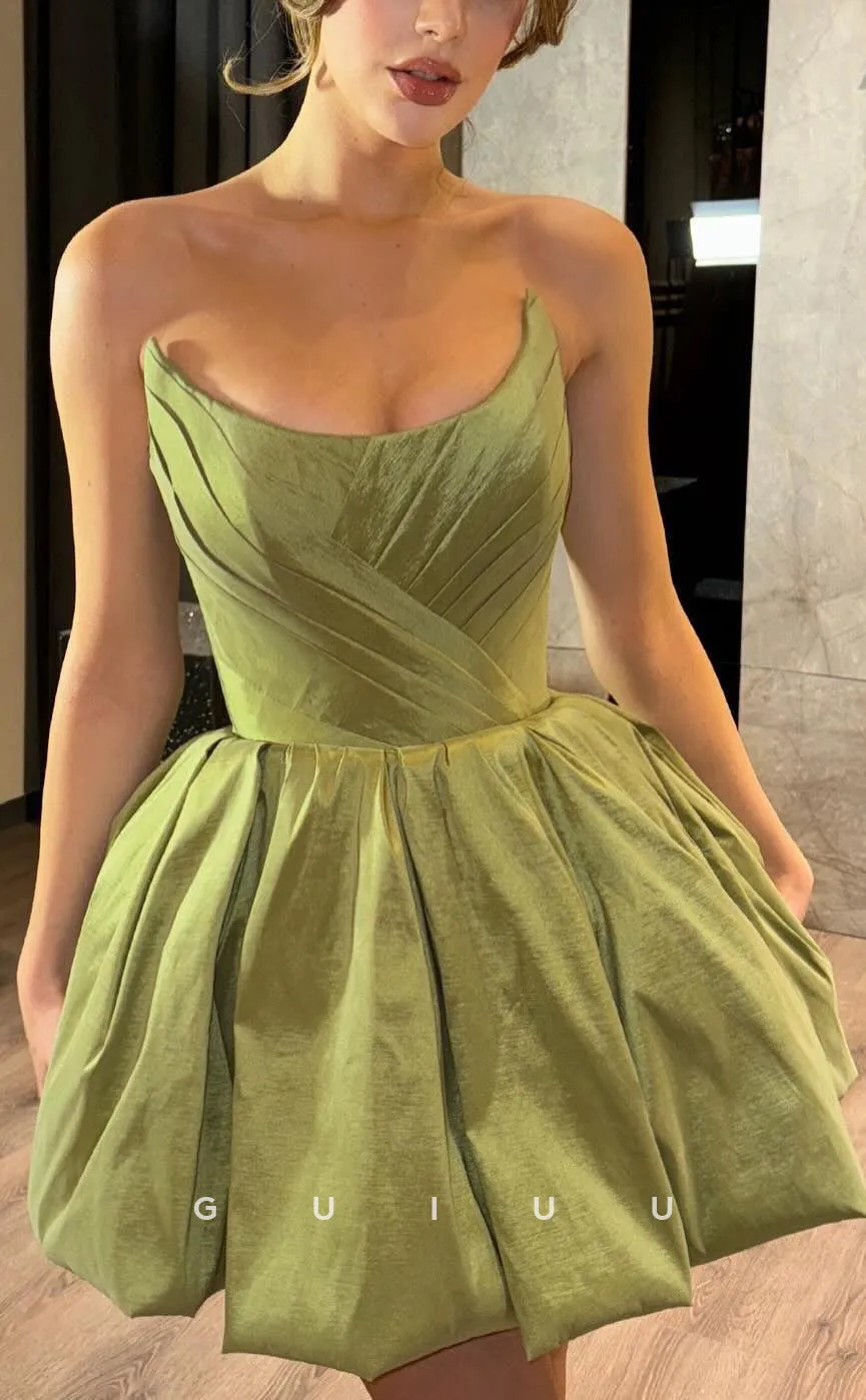 GH937 -  A-Line Boat Neck Sleeveless Pleated Runched Homecoming Party Dress