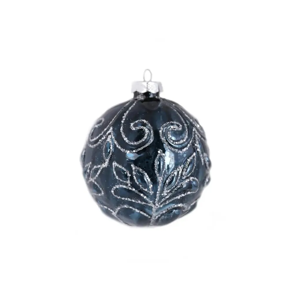 Glass Blue Bauble With Silver Ornate Glitter Design 10cm