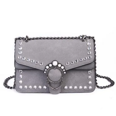 Grey Embellished Suede Crystal Stud Clutch Shoulder Bag