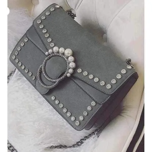 Grey Embellished Suede Crystal Stud Clutch Shoulder Bag