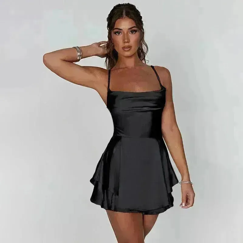 Halter Satin Summer Charming Backless Straps Temperament Elegant Celebrity Style Short Dress