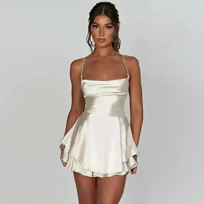 Halter Satin Summer Charming Backless Straps Temperament Elegant Celebrity Style Short Dress