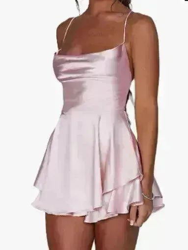 Halter Satin Summer Charming Backless Straps Temperament Elegant Celebrity Style Short Dress