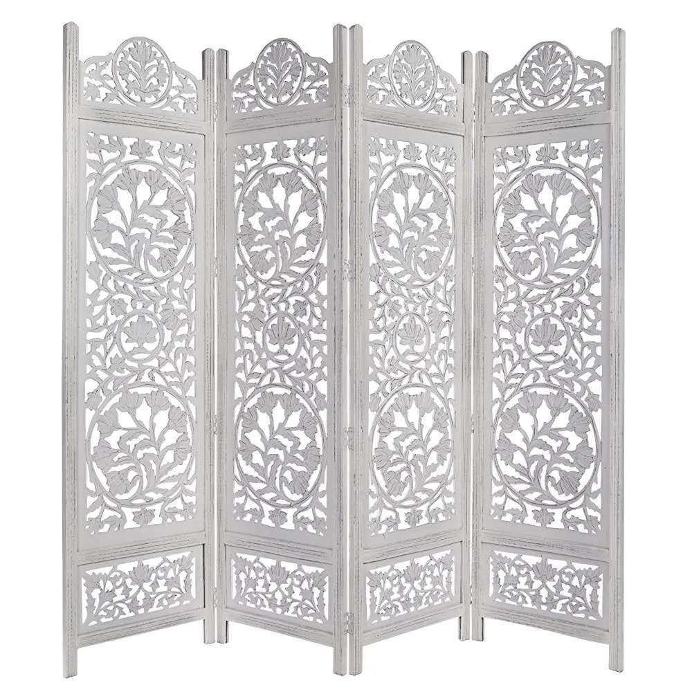 Handcrafted Wooden 4 Panel Room Divider Screen Featuring Lotus Pattern-Reversible, White By The Urban Port