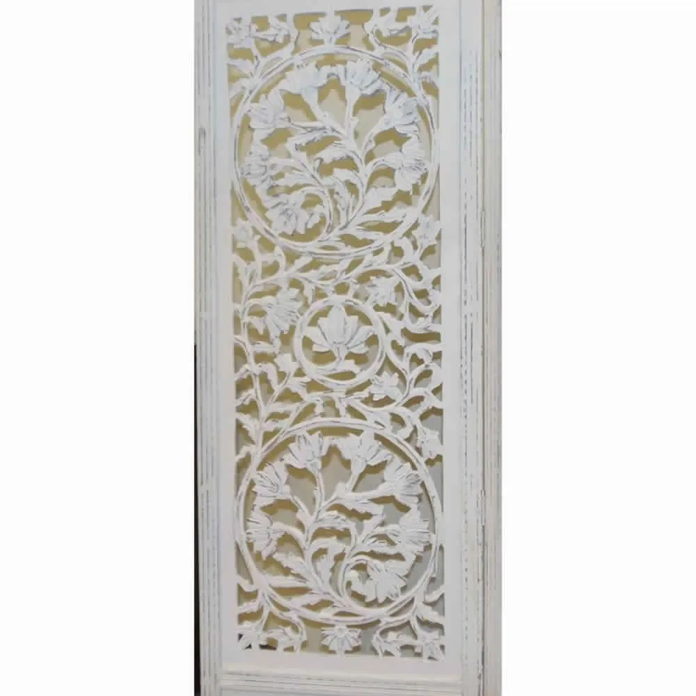 Handcrafted Wooden 4 Panel Room Divider Screen Featuring Lotus Pattern-Reversible, White By The Urban Port