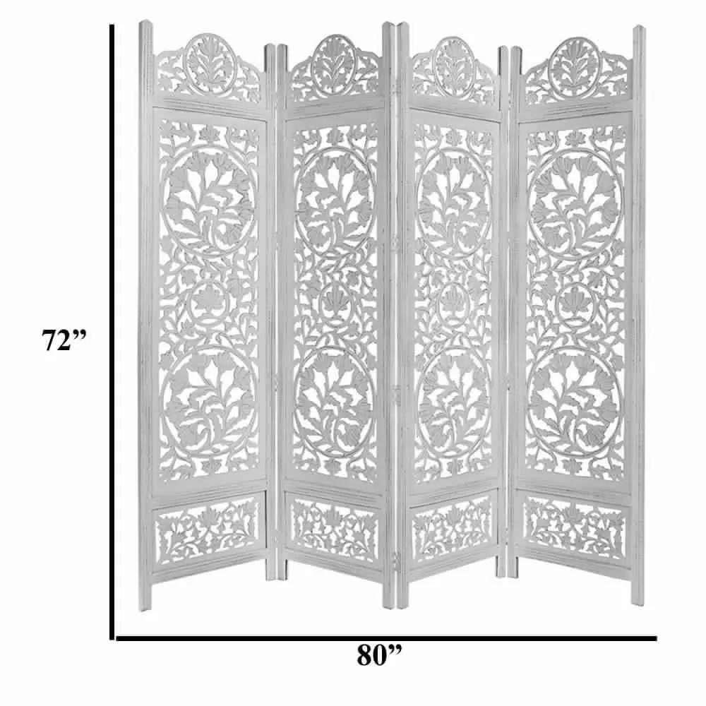 Handcrafted Wooden 4 Panel Room Divider Screen Featuring Lotus Pattern-Reversible, White By The Urban Port