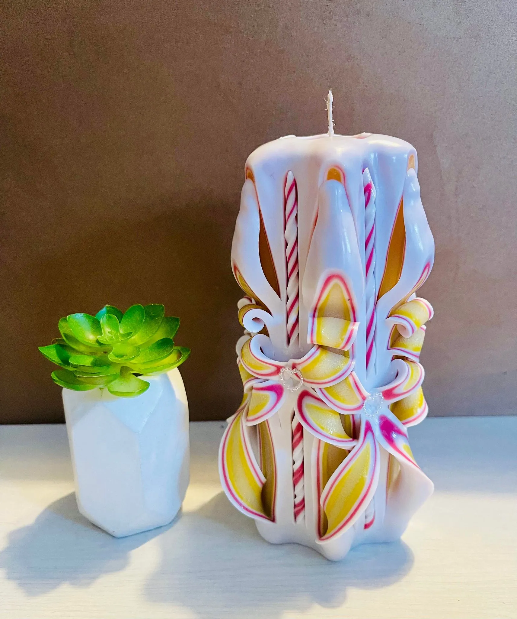 Handmade unfragranced carved candle - Flowery design